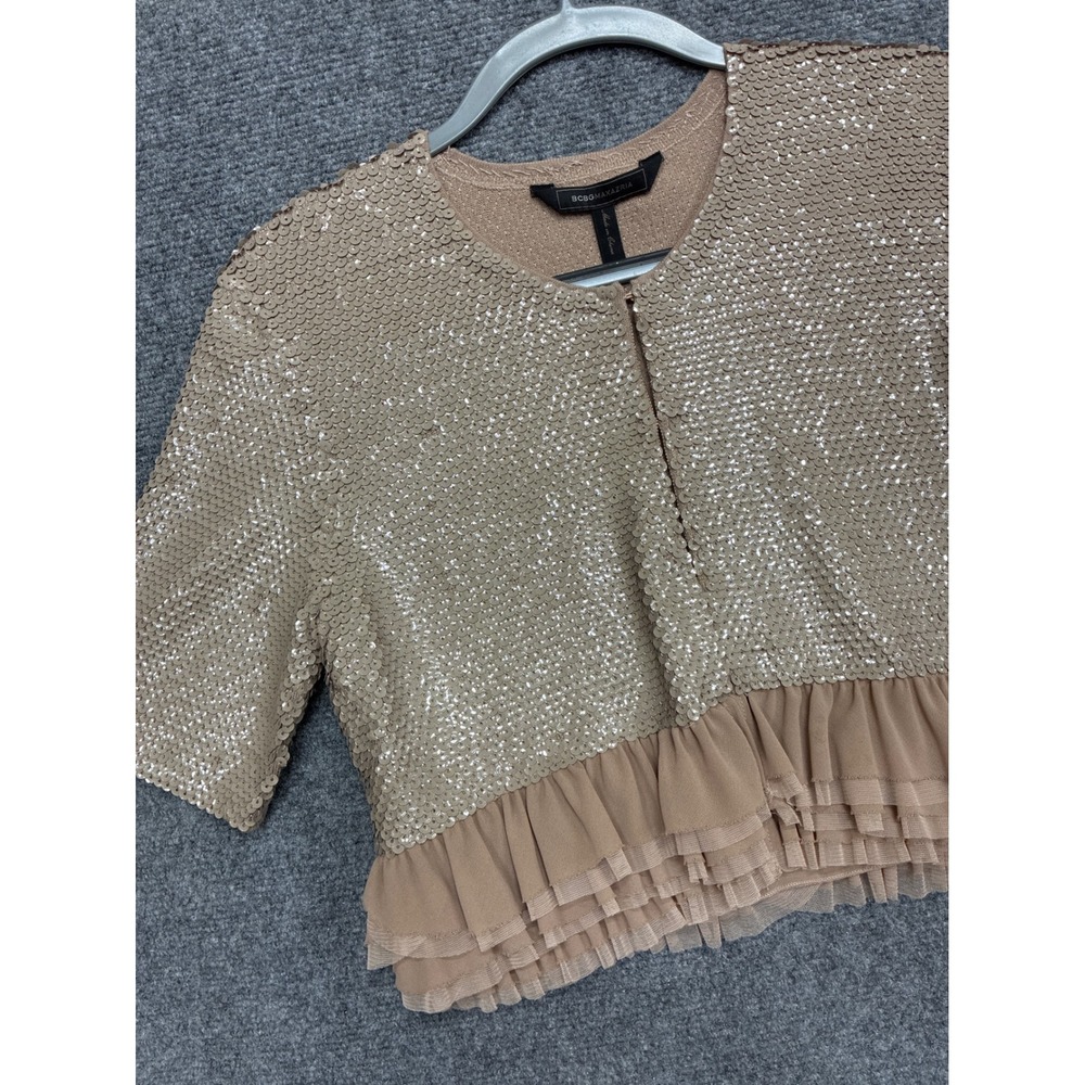 Sequin BCBG Ruffle Cropped Cardigan Beige Wool Party Holiday Vacation Medium